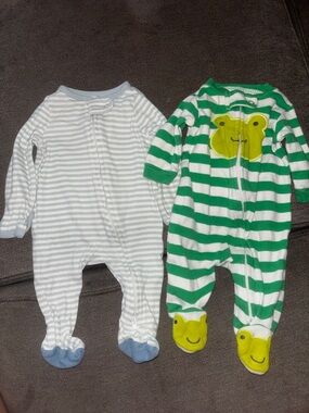 Carter's Green & White Striped Frog Footed One-Piece with Gray Striped Buddy